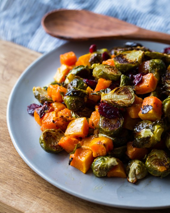 Roasted Brussels Sprouts and Squash With Dried Cranberries and Dijon Vinaigrette