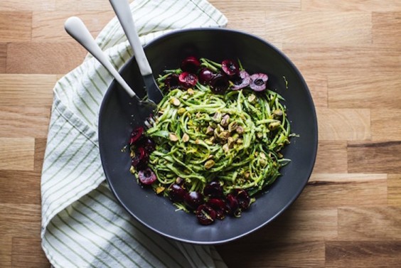 Pistachio Kale Pesto with Zucchini Noodles and Cherries
